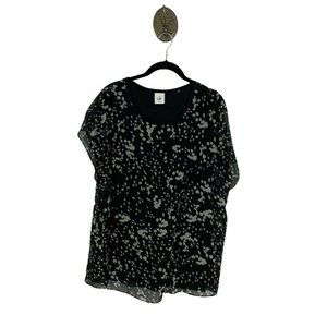 Cabi Womens Black White Textured Round Neck Short Sleeve Blouse Top Size Large